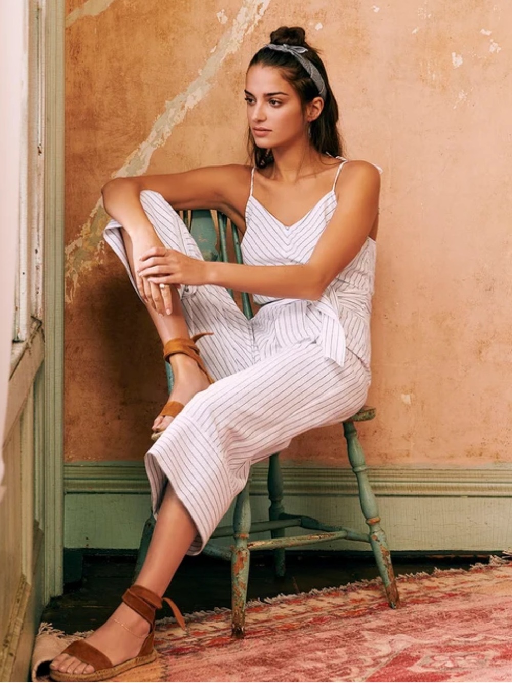 SAYLOR Dorey Striped White & Black Spaghetti-Strap Cotton Jumpsuit Wide Leg